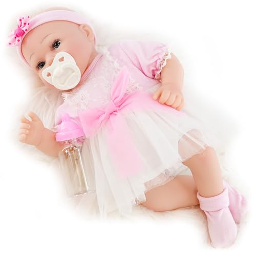 The Magic Toy Shop BiBi Doll Reborn Baby Girl Doll “Begonia” 42cm – Realistic Newborn with Dummy, Bottle & Birth Certificate – Soft Vinyl Limbs, Cloth Body & Removable Pink Outfit