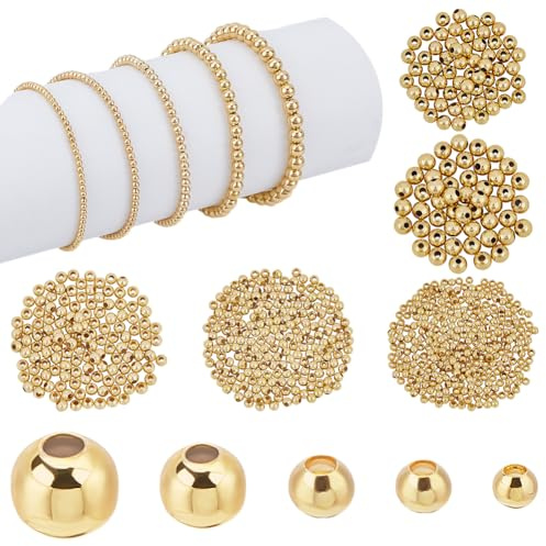 PandaHall 695 cuentas espaciadoras de oro 18K, 5 tamaños, sin costuras, perlas sueltas