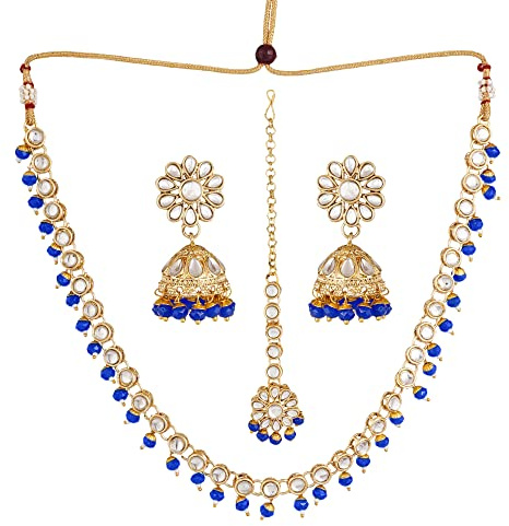 Jwellmart Gold Polish Faux Kundan Bridal Wedding Choker Necklace Earrings Tika Combo Set Bollywood Party Traditional Fashion Indian Jewelry Jewellery Set for Women, Stone
