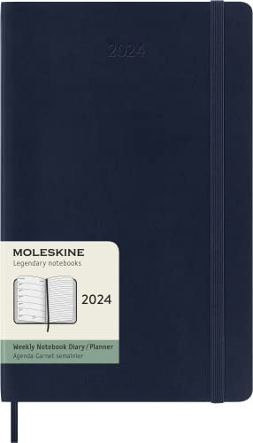 Moleskine Weekly Agenda with Space for Notes 12 Months 2024, Agenda 2024, Size Large 13x21, Soft Cover and Elastic Closure, Colour Sapphire Blue
