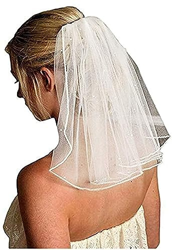 JUSTUSNX velo corto de boda blanco, velo de novia perla/cristal, con peine, para accesorios de fiesta para mujeres y niñas (B)