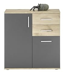 AVANTI TRENDSTORE - Bea - Comò in Legno Laminato di Colore Quercia Vichinga/Grigio con 2 Ante e 2 Cassetti per Soggiorno e Camera da Letto, Dimensioni: LAP 80x82x35 cm