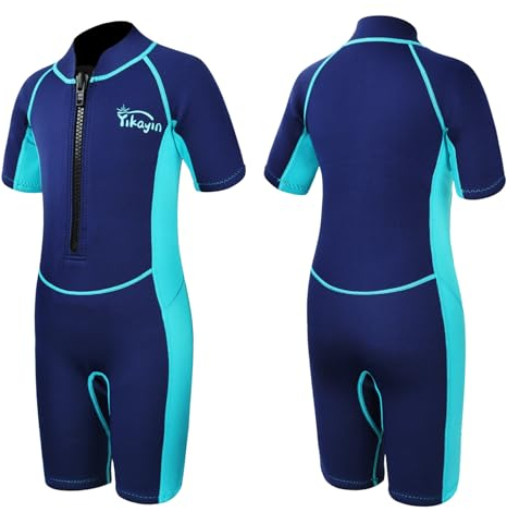 Yikayin Neoprenanzug Kinder Kurz, 2mm Premium CR Nassanzug Shorty Jungen Mädchen, Thermo UV Neopren Schwimmanzug Frontreißverschluss zum Schwimmkurs, Tauchen, Surfen, Schnorcheln, SUP - Blau XXS