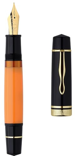Erofa Majohn P139 - Penna stilografica a pistone con pennino extra fine e scatola, sistema a pistone in ottone, penna da scrittura in resina a grande capacità, nero giallo