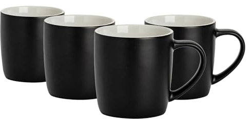 Argon Tableware Coloured Coffee Mugs - Matte Black - 350ml - Pack of 4 - Matt Ceramic Stoneware Latte Cappuccino Cups Hot Chocolate Cups Colourful Mug Set with Handle