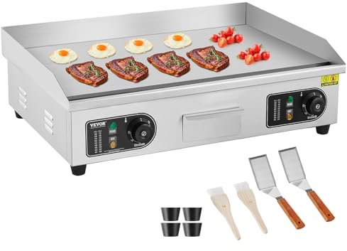 VEVOR Plancha Eléctrica Comercial, Parrilla Superior Plana de 4000 W, Temperatura 50-300 °C, Parrilla de Acero Inoxidable de 663 x 475 x 219 mm con 2 Palas y 2 Cepillos para el Hogar o Restaurante