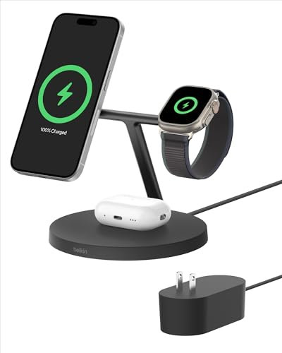 Belkin MagSafe-Compatible Charger, 3-in-1 Wireless Charging Station, Qi2-Certified 15W Wireless Charge for Apple iPhone 16 Series, Apple Watch, AirPods w/Non-Slip Base, 40W Included - Black