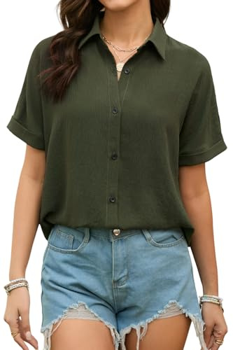 Stamain blus damer kortärmad muslinskjorta blus damer sommar ledig blus skjorta enfärgad elegant V-ringad kortärmad blus
