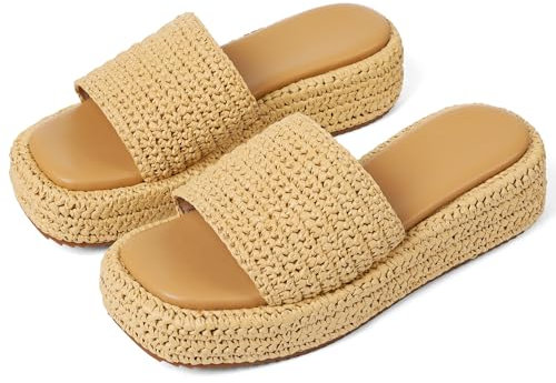 EQAUDES Plateau-Sandalen zum Reinschlüpfen für Damen, Keilabsatz, Bohemia-Sandalen, flache Form, offener Zehenbereich, Strandsandalen, 2 Naturfarben, 37.5 EU