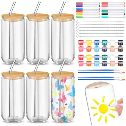 Pickmesh 6 Set Glass Painting Kit for Valentines Day Gifts Adult 16 oz Glass Tumbler with Lids and Straws 12 Markers 12 Colors Acrylic Pain with Brushes to Design Your Own Wine Glasses Gifts