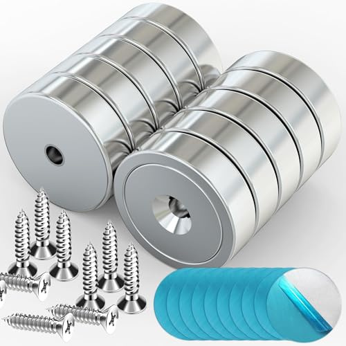 10 imanes de neodimio de 25 mm, fuertes, con agujero, extrafuertes, 20 kg, redondos, de fuerte sujeción, imanes con placas de metal planas autoadhesivas (10 unidades + 10 placas de metal)