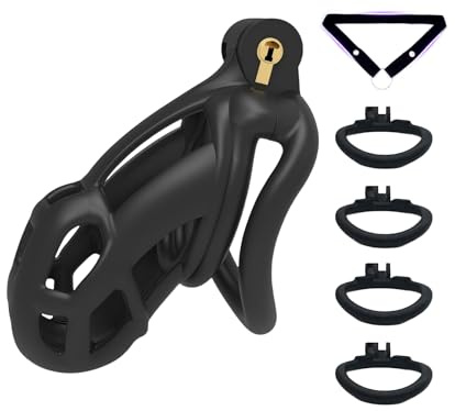 Chastity Cage Jouet Adulte Cage de Chasteté pour Pénis avec 4 Anneaux Courbés Différents Cage Chastetée en Résine Légère avec Ceinture et Serrure Cachée pour le Bndage du Pénis de l'Homme