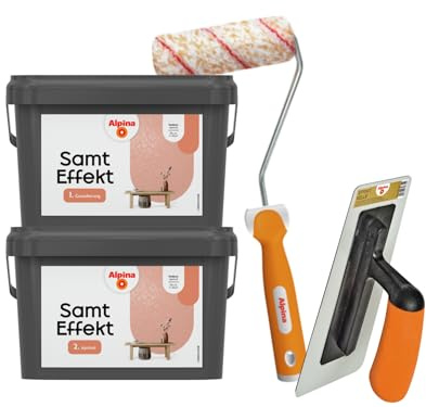 Alpina Effektfarbe Samt-Effekt Set – Apricot – samtige Effektfarbe mit Finish (2,5 Liter) und Grundierung (2,5 Liter) – inkl. Effekt-Kelle & Roller