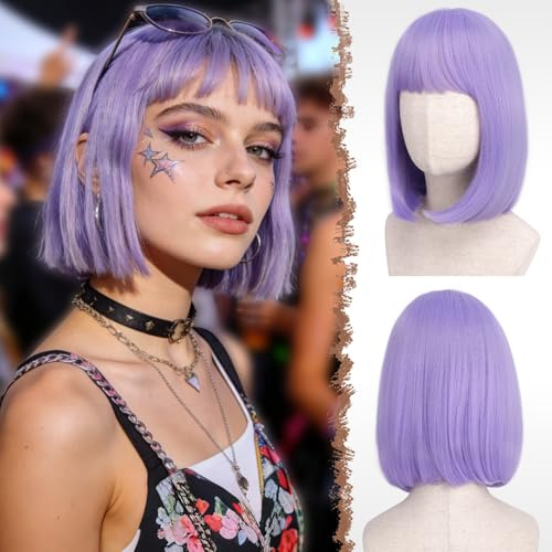FESHFEN Viola Chiaro Parrucca Bob Corta con Frangia, 30cm Dritto Colorato Parrucche Corte Sintetiche Parrucches per Donna Partito Cosplay Costume Quotidiano Uso Carnevale Bob With Bangs