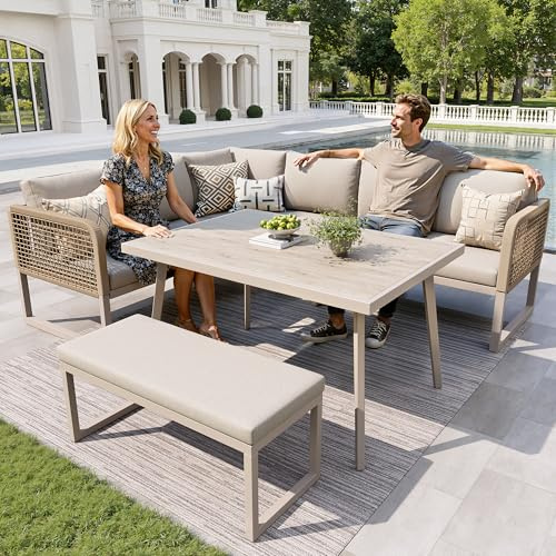 Sapgaks Salon de Jardin Exterieur 6/8 Personnes, Table de Jardin Exterieur avec Chaise Longue, Ensemble de Meubles de Jardin avec Coussins d'assise et Coussins de Dossier pour Terrasse Balcon, Beige