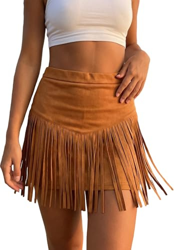 Women Western Cowgirl Skirt Faux Suede A Line High Waist Skirt Streetwear | Cowgirl fringe mini skirt Vintage cowgirl Outfits Faux suede party skirts Suede fringe mini skirt Suede tassel skirt outfit