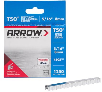 Arrow 505 Kraftiga T50-häftklamrar, 7,9 mm benlängd, 9,5 mm kronbredd, häftklamrar för klädsel, konstruktion, möbler, hantverk, 1 250-pack, grå