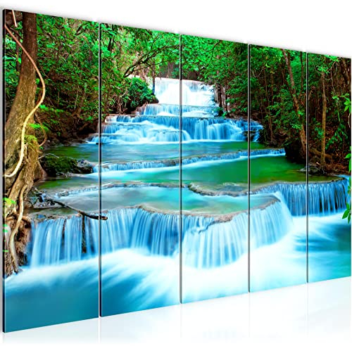 Runa Art Wandbild XXL Wasserfall Landschaft Schlafzimmer Wohnzimmer 200 x 80 cm Blau Grün 5 Teilig - Made in Germany - 603555b