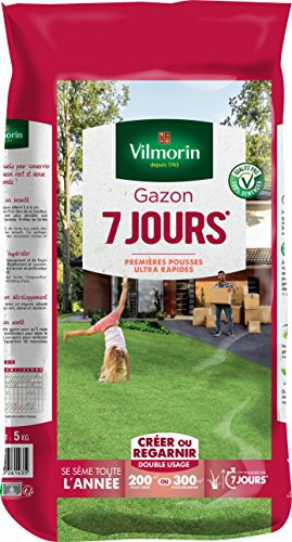 VILMORIN - Gazon 7 jours - Premières pousses dès 1 semaine - Pour créer un nouveau gazon/regarnir un gazon ancien - Installation ultra-rapide - Se sème toute l'année - 5 Kg