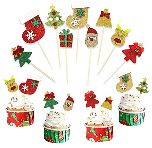 Décorations de Gâteau Noël Cupcakes Topper Christmas Tartes Cupcake Nourriture pour Fête d‘anniversaire Pâtisserie Desserts Table Noël Décorations