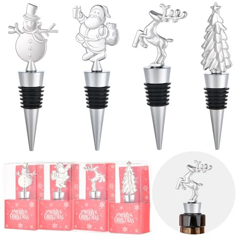 4 Pcs Christmas Wine and Beverage Bottle Stopper - Holiday Decoration Glass Stopper, Winter Accessories Gift for Host/Hostess - Corker/Sealer