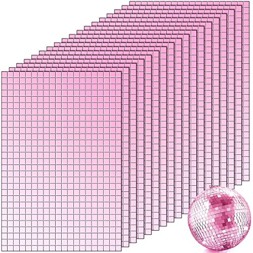 10800 Pcs Self Adhesive Mirrors Mosaic Tiles Glass Square Mirror Tiles Disco Ball Mirror Stickers for DIY Craft Decorations, 5 x 5 mm (Pink)