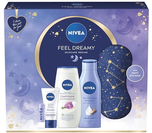 NIVEA Feel Dreamy Skincare Regime Gift Set, Women's Gift Set Includes Shower Cream, Body Lotion, Night Cream, Lip Balm, and Eye Mask, Beauty Products