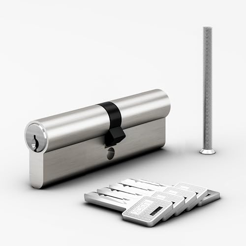 AwmnSrman Cylindre Serrure 30x30, serrure à cylindre avec 5 clés, cylindre de serrure verrouillable des deux côtés, cylindre européen en laiton satiné finition nickel satiné