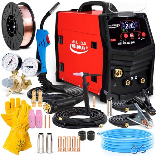 Weldman MIDI MIG 222 - Profesional maquina de soldar inverter 220A - Soldador incluye antorchas MIG y TIG - Sinergia - Funciones de soldadura Flux, MMA y TIG - Set Basic