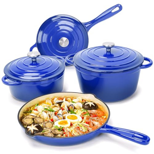 Denmay Set di pentole smaltate in ghisa – 7 pezzi con forno olandese, padella, stufato, pentola per salsa con 3 coperchi, set da forno olandese, adatto per tutti i piani cottura, pentola per pane, blu