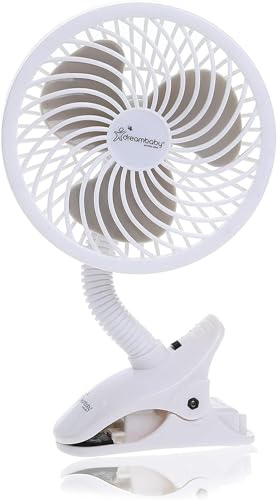 Dreambaby Pram Fan, Caged Stroller Fan for Babies - Adjustable Clip-On Fan - Portable and Convenient Cooling Solution for Strollers, Cribs, Table and Desk (Batteries not included) (White)