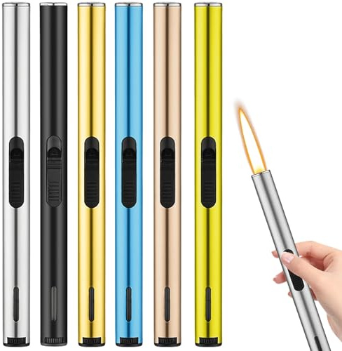 6 accendini a bastoncino, 17,6 cm, ricaricabili a gas, 6 colori, accendino lungo, accendino per candele, barbecue, cucina, camino, campeggio, regali per uomini (senza gas)