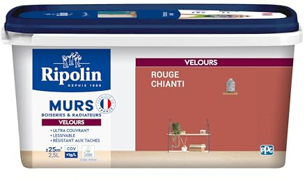 RIPOLIN - Peinture Intérieure Multi-Supports – Murs, Boiseries & Radiateurs – Ultra couvrante - Monocouche - Confort d'application - Aspect Velours - Rouge Chianti - 2,5L