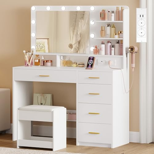 Hzuaneri Postazione Trucco con Sgabello, Presa elettrica, Luce Led, Bianco