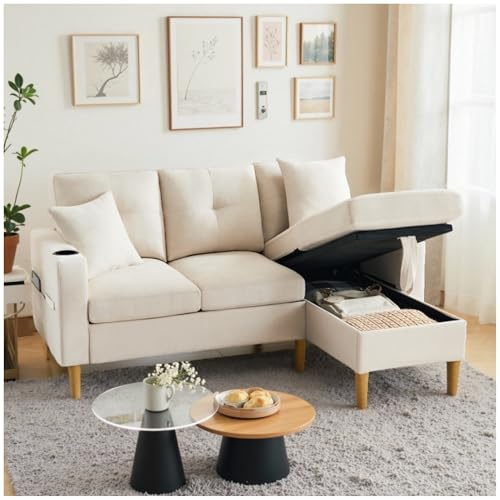 Wyibwy Divano moderno a L,divano a 3 posti con poltrona reclinabile dotata di vano portaoggetti,portabicchieri,tasche laterali,2 cuscini,divano angolare,mobili soggiorno (Beige)
