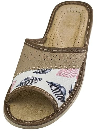 APREGGIO zapatillas de cuero para mujer – sandalias con puntera abierta, diseño de hoja de Monstera, suela antideslizante, zapatillas de verano para el hogar, talla 38