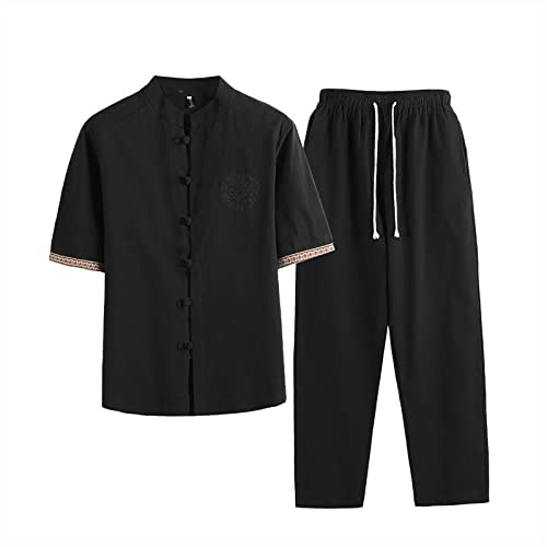 Mens 2 Piece Chinese Tai Chi Set Outfits Long Sleeve Classic Cotton Linen Shirt and Pants Sets Retro Loose Tracksuits(Black, L)