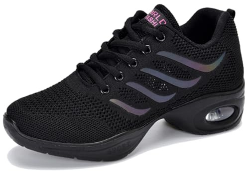 Hiuzylqx Dam Jazzdansskor Mesh Snörning Moderna Danssneakers Halkfria Platå Luftkudde Dans,Black,36 EU