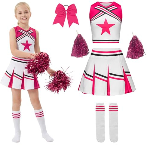 Moerstar Déguisement Pompom Girl Fille, Costume Pompom Girl Carnaval Enfant avec Pompons Chaussettes Nœud Papillon Cheveux, Déguisement Carnaval Fille pour Mascarade Cosplay (Rose, 140)