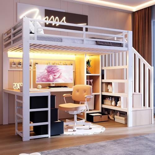 Lcoho Cama alta 90 x 200 cm, marco de hierro, 4 cajones, rejilla para colgar objetos, barra de luz LED, escritorio, construcción de escaleras con espacio de almacenamiento, sin colchón, color blanco