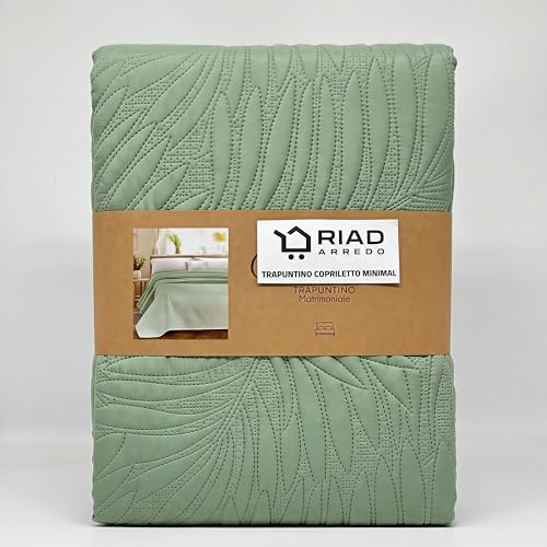 Riad Arredo Trapuntino Matrimoniale Minimal Tinta Unita Primaverile Estivo Leggero 250x250 cm - Copriletto Trapuntato in Morbida Microfibra – Palmas Muschio