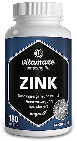 Vitamaze® Zinc Tabletas, 25 mg por Dia, 180 Pastillas Vegano para 12 Meses, la Mejor Biodisponibilidad, Natural Pura Suplemento Alimenticio sin Aditivos Innecesarios, Calidad Alemana