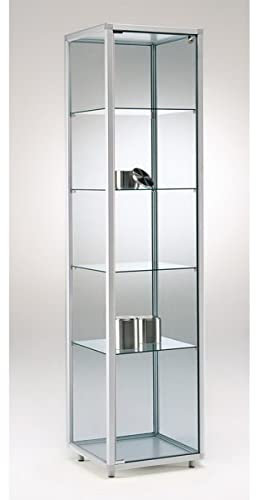 Produktvitrine & Standvitrine 41,5 x 41,5 x 183,5 cm – schmale Glasvitrine abschließbar & rollbar & Spiegelrückwand – ohne Beleuchtung – ideal für Ausstellungen, Messen & Geschäfte
