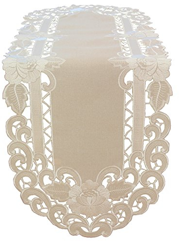 Quinnyshop Weiße Blumen Durchbruchsstickerei Tischläufer ca. 45 x 170 Oval Leinen-Optik, Beige