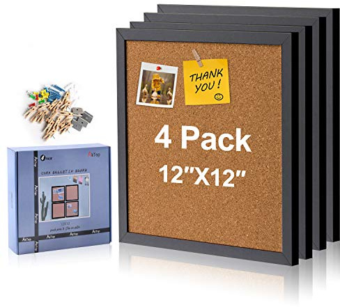 AkTop Cork Board Bulletin Board 12x12, Black Framed Corkboard 4 Pack, Small Square Pin Board for Wall, Mini Thick Cork Tiles with 16 Push Pin Wood Clips for School, Home & Office