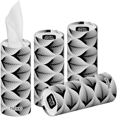 tishoo Hyaluronic Acid-Infused 4-ply Ultra Luxury Tissues | for Car Cup Holders, Home & Travel | 4 Tubes in Plastic-Free Packaging | Monochrome/Waves