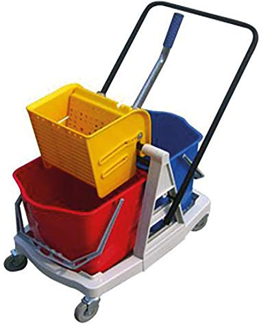 Chariot de nettoyage Le Plus de l'Entretien - Ensemble complet - 2 x 15L + Presse + Monture à plat + 2 franges + Manche - Aluminium - Argent - Intérieur