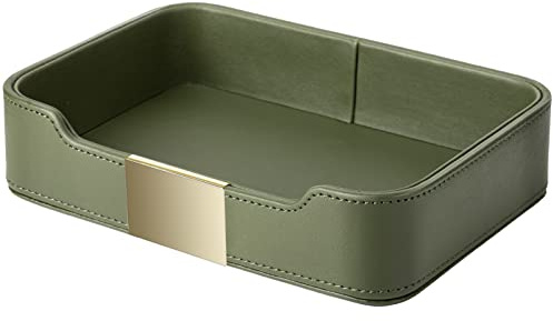 SANZIE Luxury Leather Tray Desktop Storage Catchall Organizer Decorative Tray for Entryway Table to hold Jewelry Watch Cosmetics Keys Phone Wallet Home & Office Accessories (Metal Glided, Green)