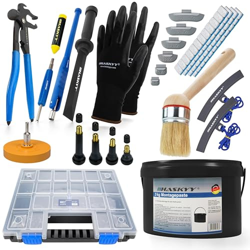 HASKYY Kit Montaggio Pneumatici 336 pz - Pasta Montaggio Nera 3 kg, Pesi Bilanciatura Adesivi e a Percussione, Valvole TR412/413/414/418, Pinza Pesi, Estrattore Valvola, Gomma Rimuovi Adesivo, Valiget