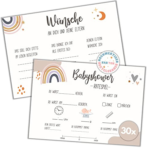 MOCADA 30 x högkvalitativa babyparty gissningsspel kort – babyshower-spel spetskort att fylla i för pojkar och flickor – personlig gåva till ett könsfest (A6 tryckt på båda sidor – kartong Q)